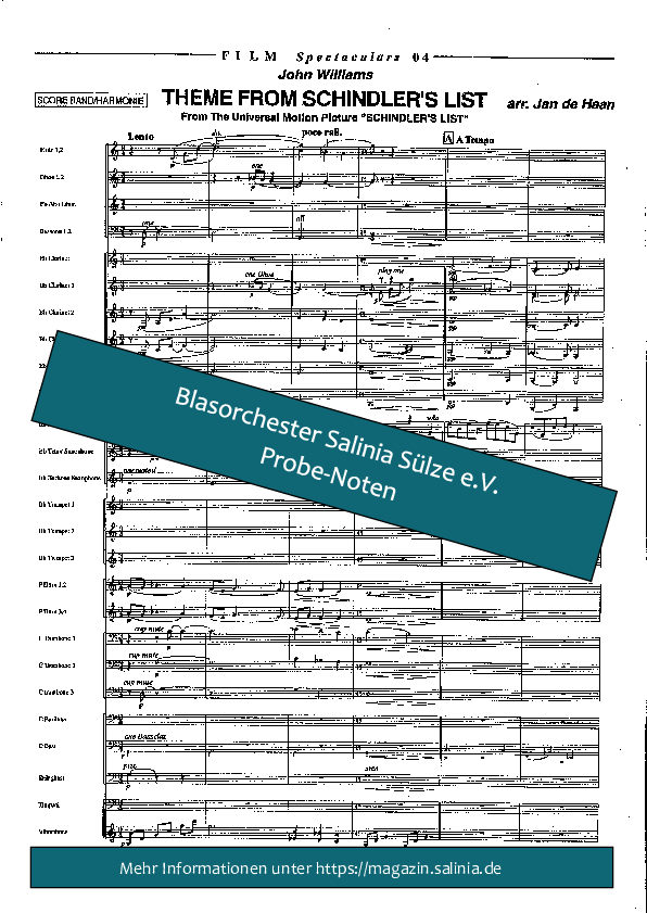 Theme From Schindlers List Partitur Blasorchesternoten Vorschau