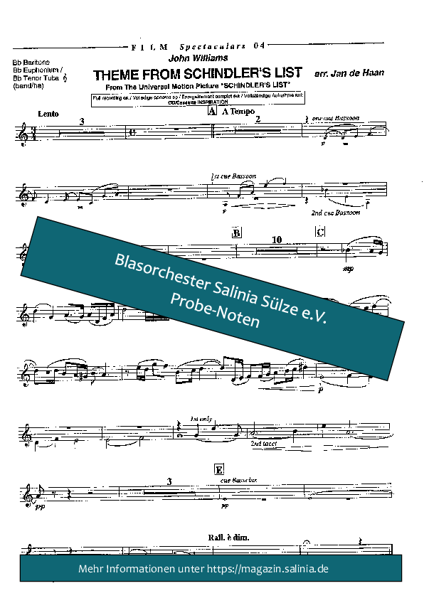 Theme From Schindlers List Tenorhorn, Bariton, Euphonium Blasorchesternoten Vorschau