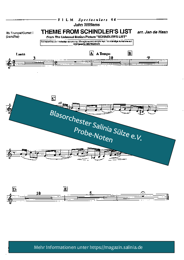 Theme From Schindlers List Flügelhorn Blasorchesternoten Vorschau