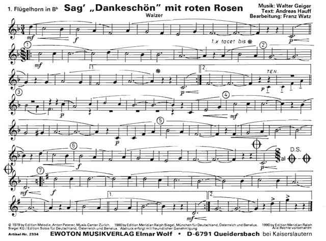 Blasorchesternoten Sag' Dankeschön mit roten Rosen Cover